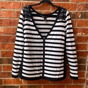 Lane Bryant 14/16 Black White Stripe Lace Shoulder Knit Cardigan